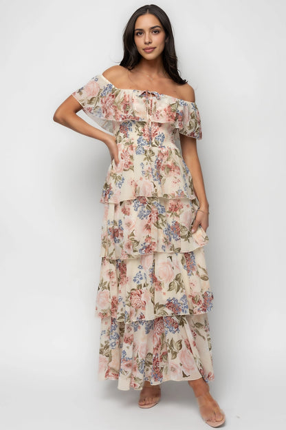 Romantic Tiered Off-Shoulder Short-Sleeve Solid-Back Floor-Length Floral Plus Size Mother Of Bride Dress