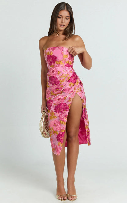 Bodycon Strapless Straight Neck Back Zipper Floral Ruched Side Slit Plus Size Midi Wedding Guest Dress