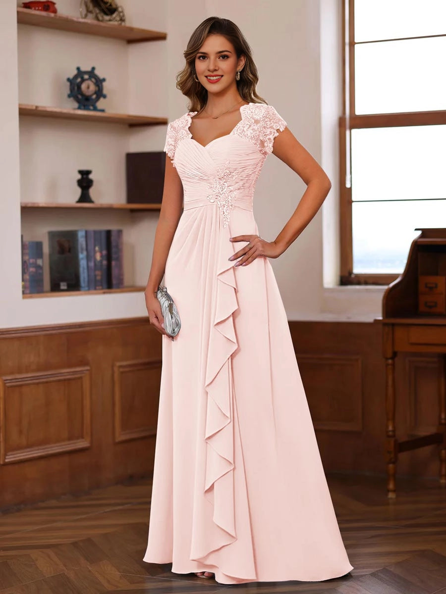 roselledress blush chiffon lace cap sleeve sweetheart long mother of bride gown with ruffle