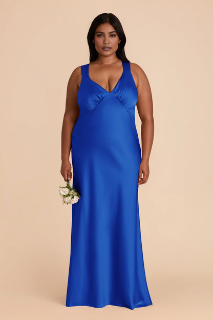 Soft Satin Mermaid V Neck Sleeveless Cross Back Maxi Plus Size Bridesmaid Dress