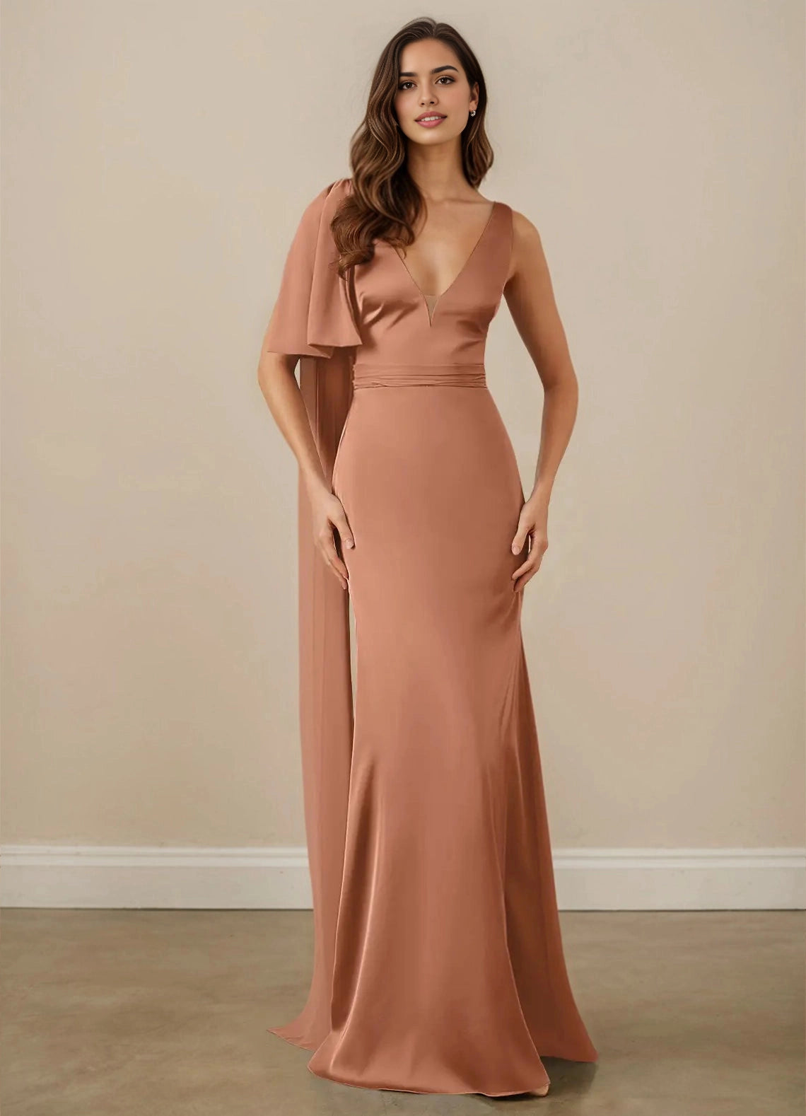 Luxury Rose gold Plus Size Mermaid Deep V One Draped Sleeve V Back Maxi Weeding Guest Dress