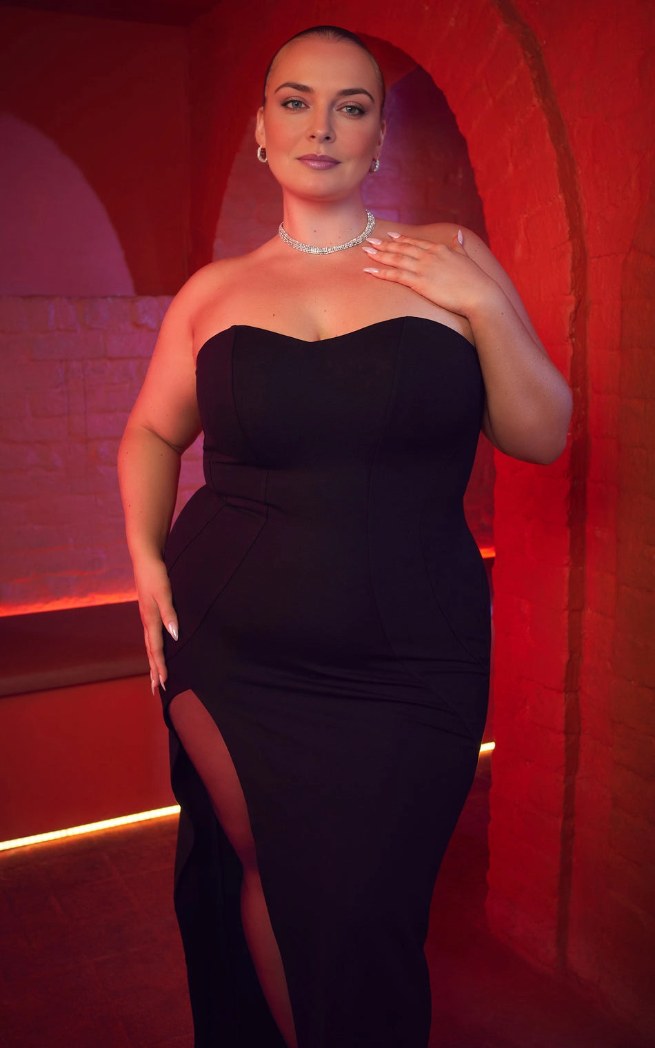 Strapless Sweetheart Seam Detail High Slit Maxi Plus Size Wedding Guest Dress