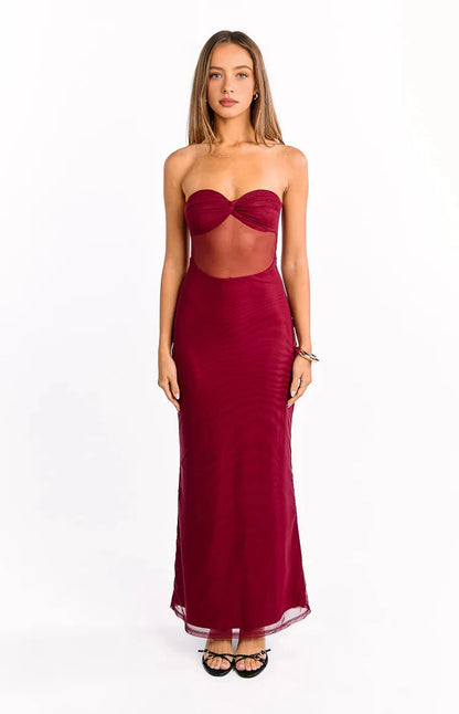 RoselleDress burgundy mesh strapless twist bust sheer waist column prom maxi dress