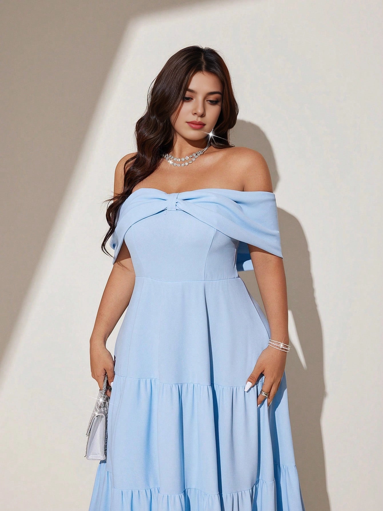 Plus Size Sky‑Blue A‑Line Off‑The‑Shoulder Short‑Sleeve Open‑Back Floor‑Length Prom Dress