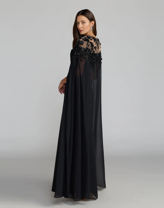 roselledress sheer illusion back black mermaid gown lace applique cape sleeve mother of the bride formal dress back view