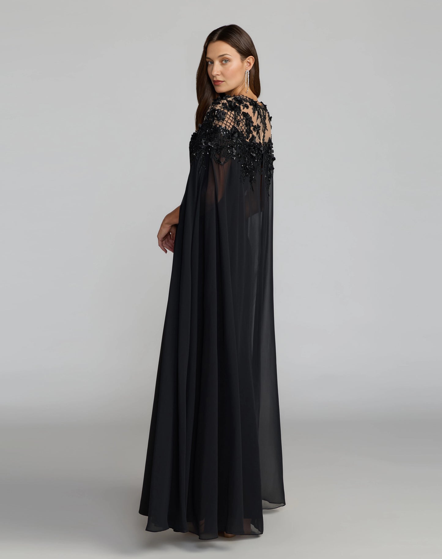 roselledress sheer illusion back black mermaid gown lace applique cape sleeve mother of the bride formal dress back view
