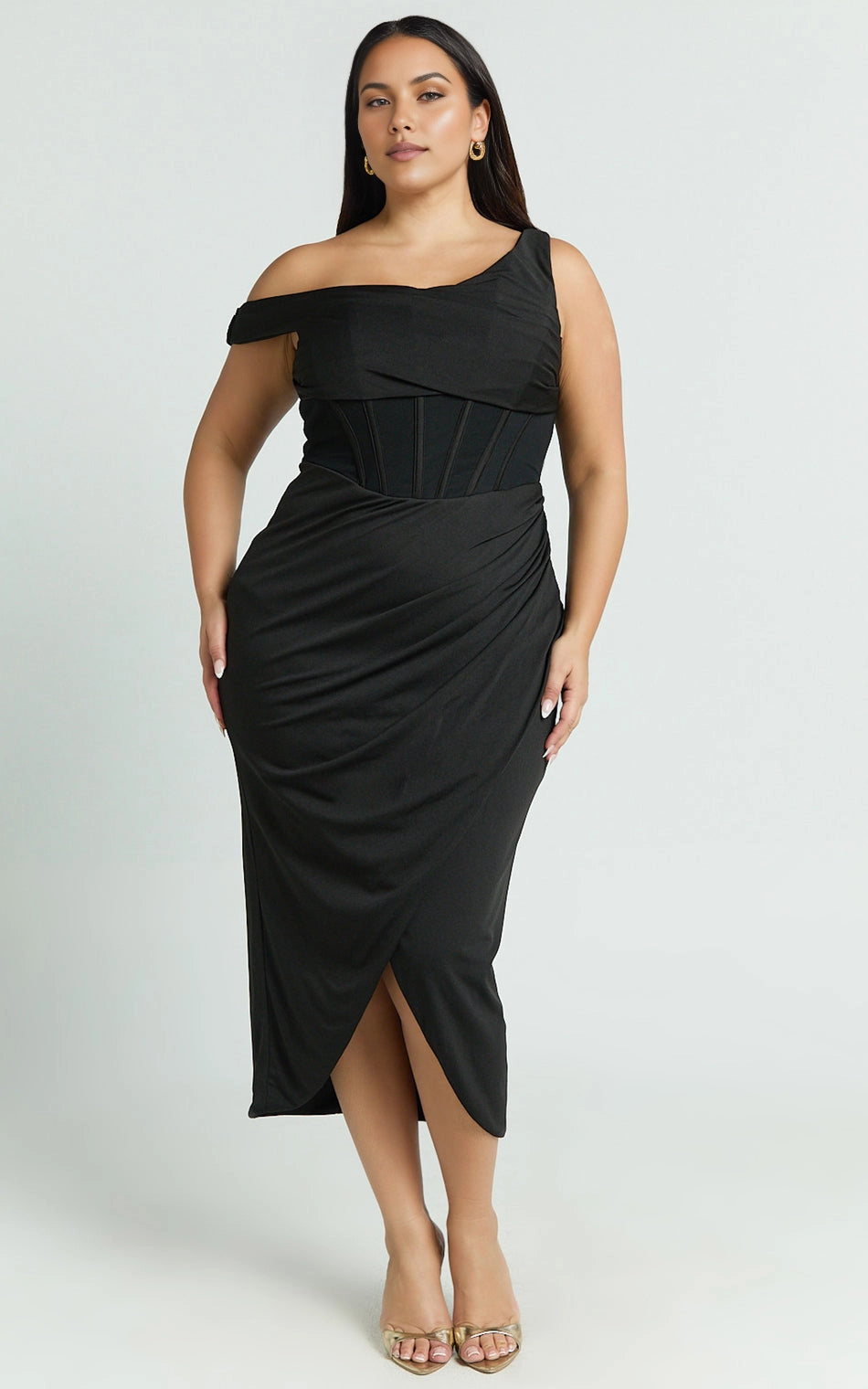 Chic Sheath Asymmetric Off‑Shoulder Sleeveless V‑Back Slit Midi Length Plus Size Prom Dress