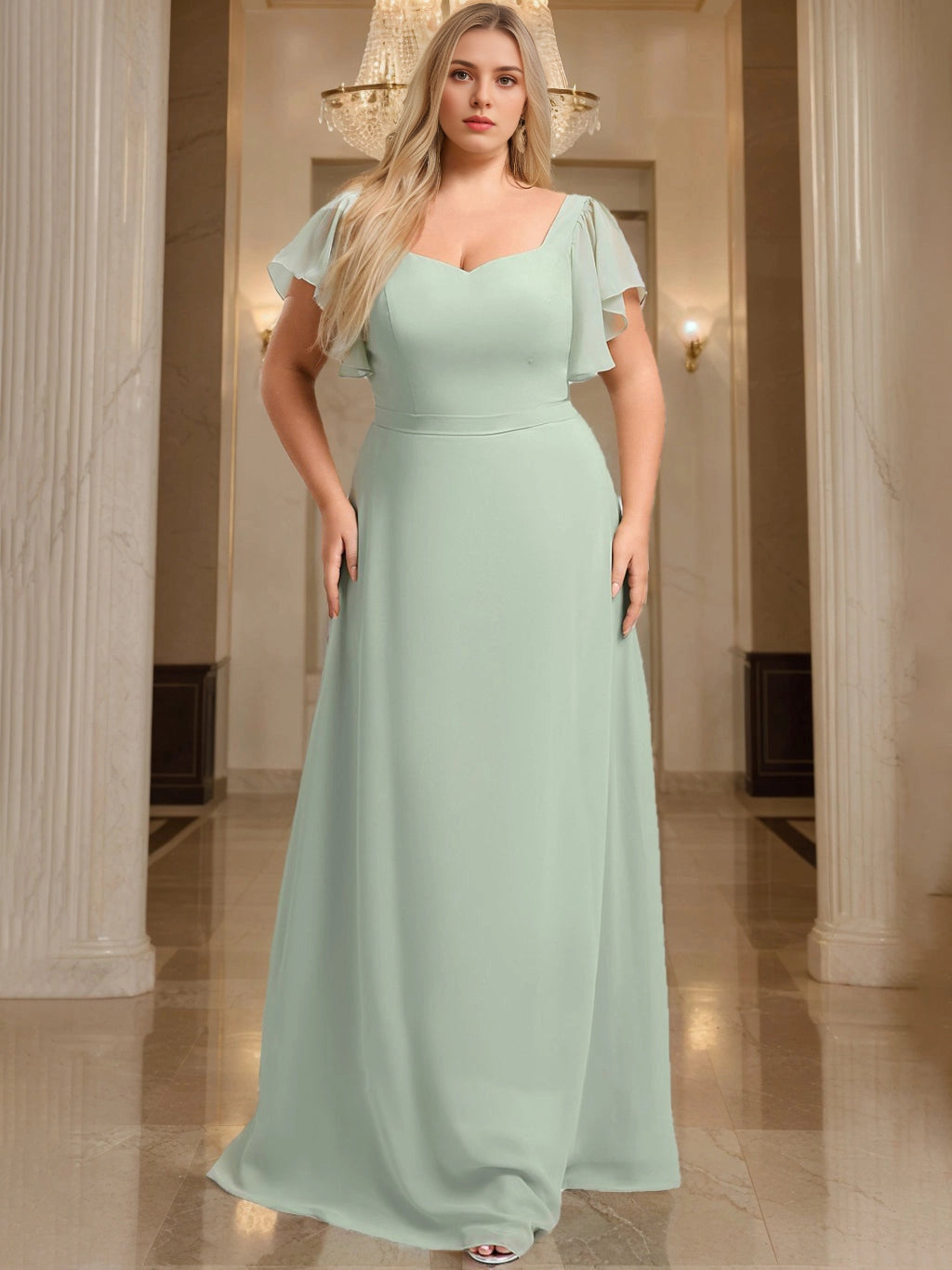 RoselleDress sage green chiffon plus size bridesmaid dress sweetheart neck ruffle flutter sleeve solid flowy floor length wedding gown