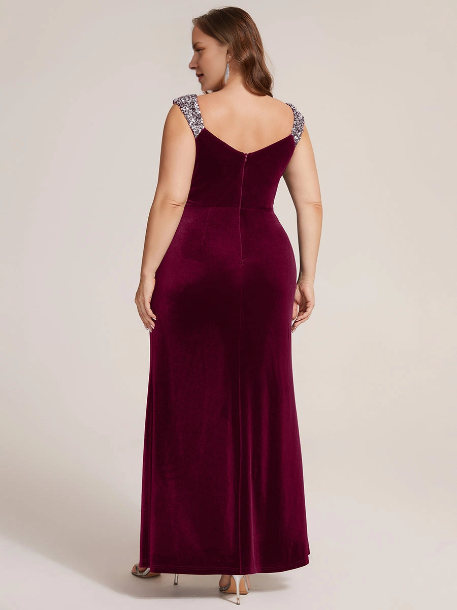 Roselledress plus size velvet evening dress back view, v-back zipper closure burgundy floor length party dress