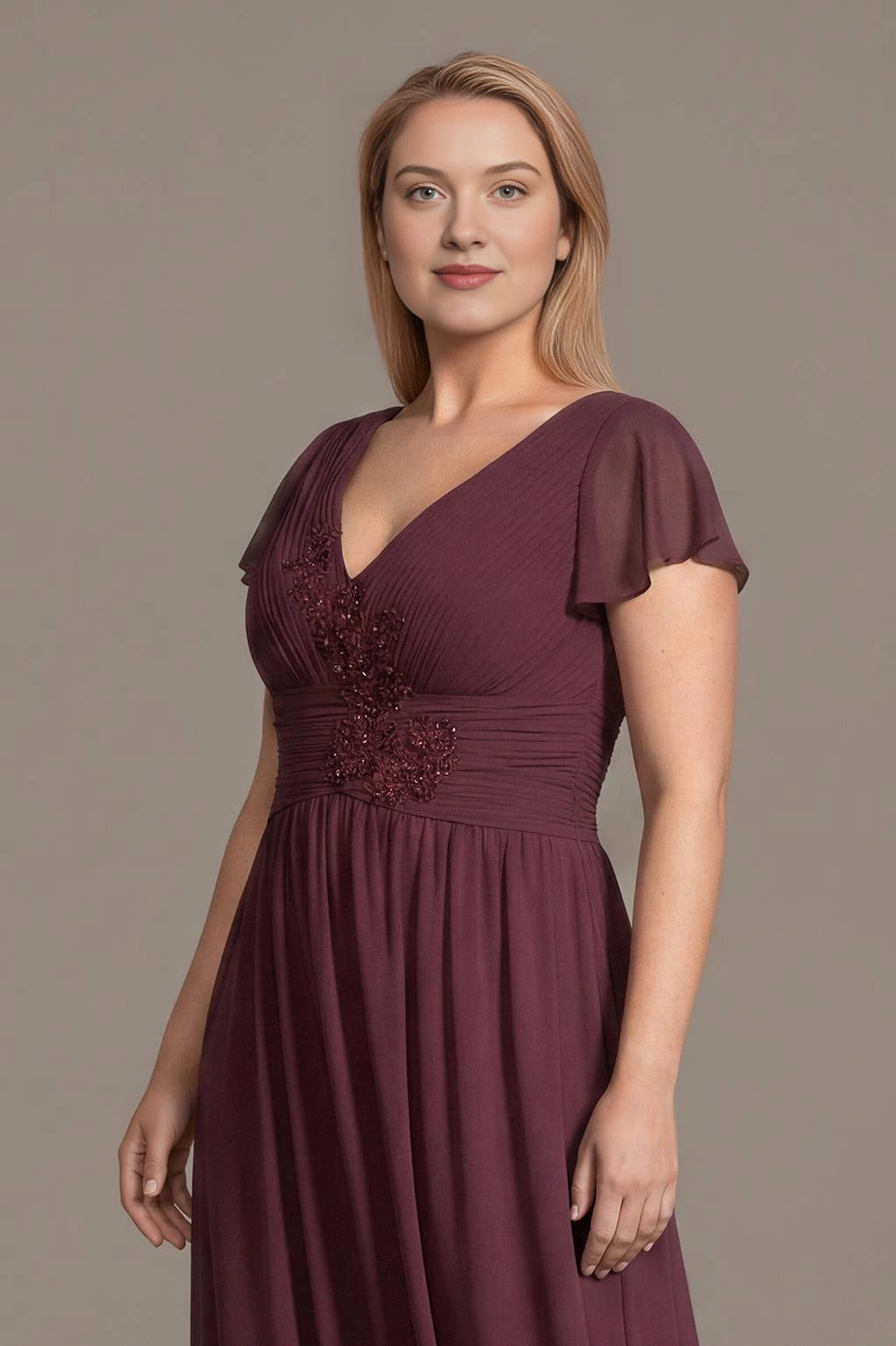 Elegant A-Line V-Neck Flutter-Sleeve Square-Back Plus Size Mother of the Bride Dress
