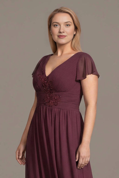 Elegant A-Line V-Neck Flutter-Sleeve Square-Back Plus Size Mother of the Bride Dress