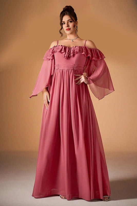 Roselledress plus size dusty rose chiffon prom gown off‑shoulder ruffle flare sleeve front view