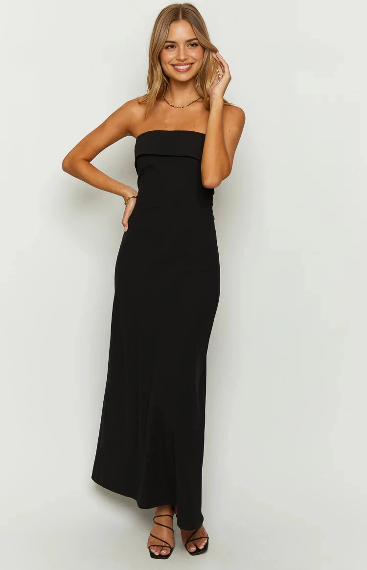 Black Sheath Strapless Tube Cowl Back Long Prom Dress