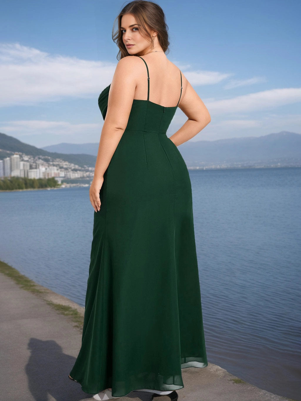 Roselledress chiffon maxi plus size dress back view, simple open back invisible zipper spaghetti strap formal bridesmaid gown