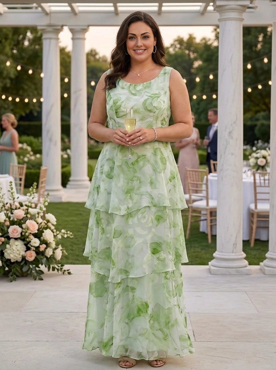 A-Line Scoop Sleeveless Tiered Back Zipper Chiffon Maxi Two Piece Plus Size Mother Of Bride Dress