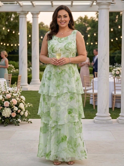 A-Line Scoop Sleeveless Tiered Back Zipper Chiffon Maxi Two Piece Plus Size Mother Of Bride Dress