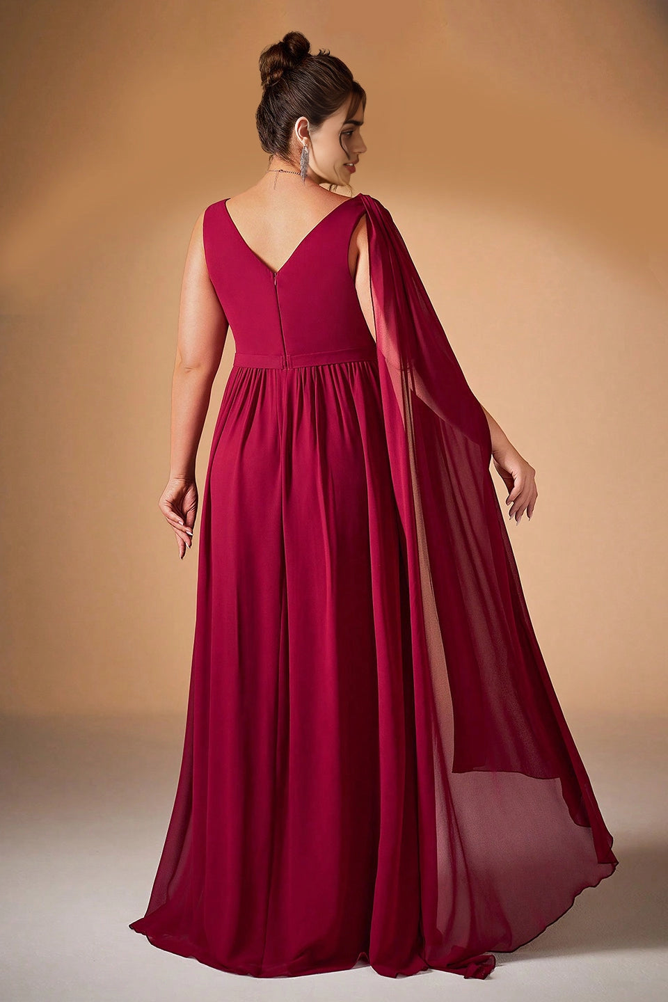 dress plus size burgundy chiffon formal dress v-back sleeveless flowing cape evening gown