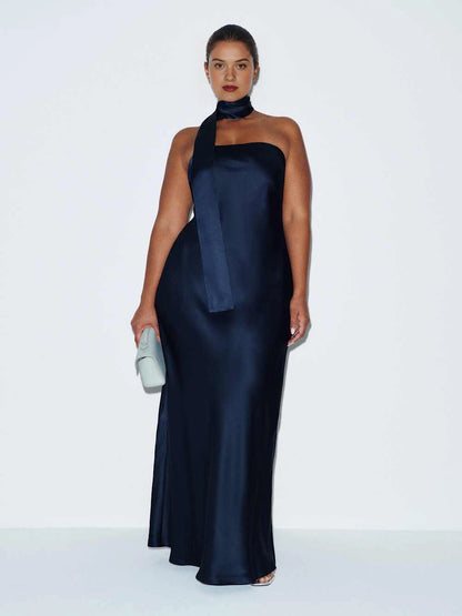 Roselledress Detachable Choker Halter Strapless Satin Mermaid Maxi Plus Size Wedding Guest Dress