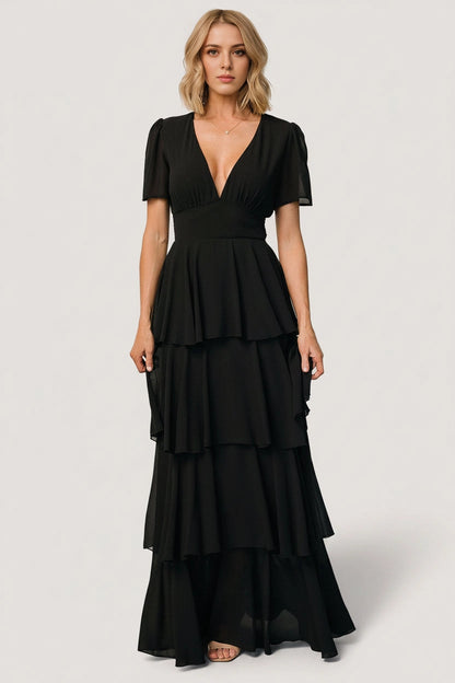 Tiered A-line V-Neck Short Sleeve Smocked-Back Maxi Mother Of Bride Dress