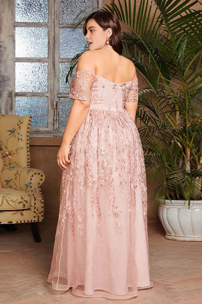 Roselledress blush plus size prom dress back view,zip‑back off‑shoulder floral embroidered tulle floor‑length gown