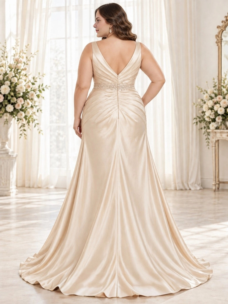 Champagne plus size V back beaded waist ruched mermaid long satin mother of the bride dress back view