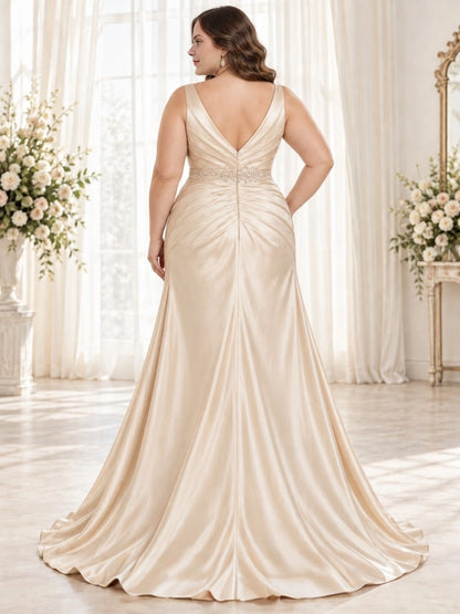 Champagne plus size V back beaded waist ruched mermaid long satin mother of the bride dress back view