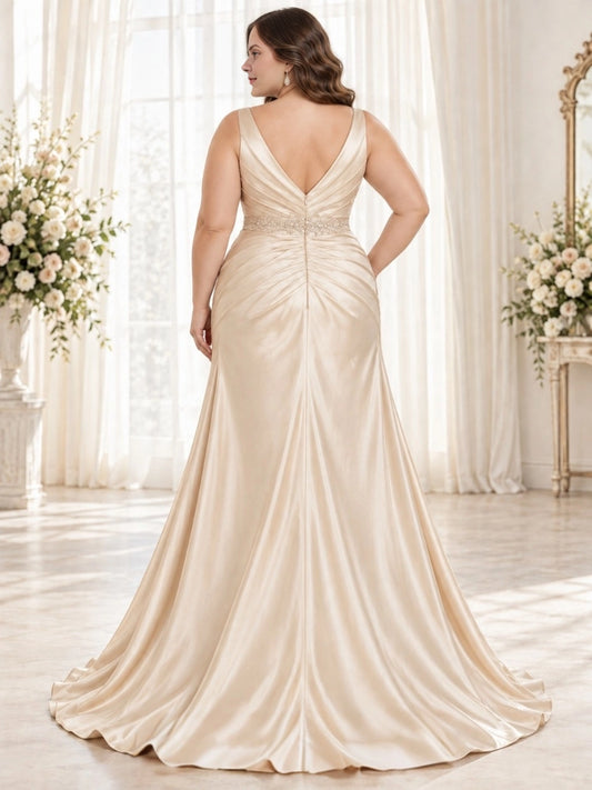 Champagne plus size V back beaded waist ruched mermaid long satin mother of the bride dress back view