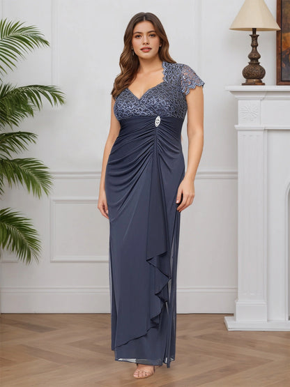 Gorgeous Sheath V‑Neck Cap Sleeve High Back Floor Length Plus Size Mother Of The Bride Dress
