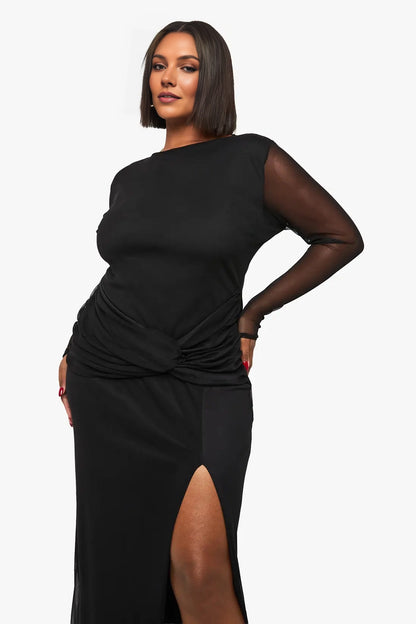 Sleek Sheath Bateau Neck Mesh Long Sleeve Solid Back Maxi Plus Size Wedding Guest Dress