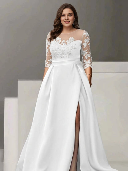 RoselleDress Black A Line Illusion Round Neck 3/4 Sleeve Illusion Back Floor Length Plus Size Mother Of Bride Dress