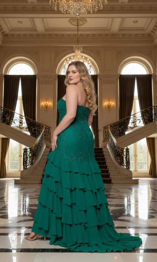 Plus size emerald evening dress with strapless lace-up corset back and tiered ruffle mermaid skirt
