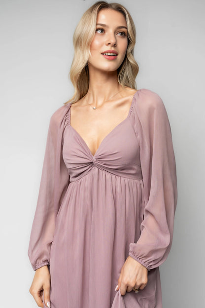 Flowy Midi V-Neck Twist Long Sleeve Smocked-Back Mother Of Bride Dress