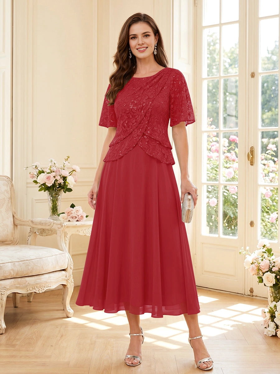 A-Line Round-Neck Short-Sleeve Zip-Back Midi-Length plus size Mother Of Bride Dress