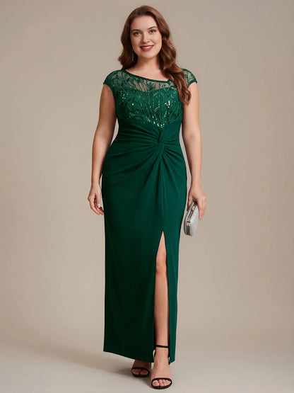 Elegant Sheath Bateau Neck Cap Sleeve Sheer Back Floor-Length Mother of the Bride Dress