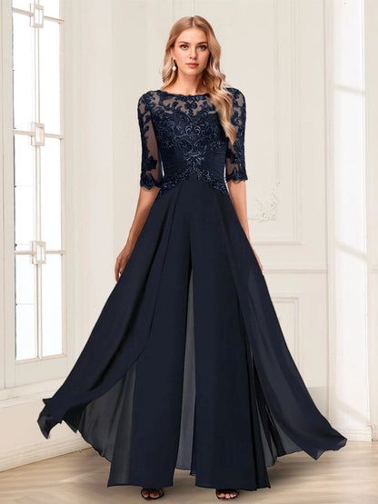 roselledress navy lace boat neck 3/4 sleeve chiffon overlay jumpsuit mother of bride gown