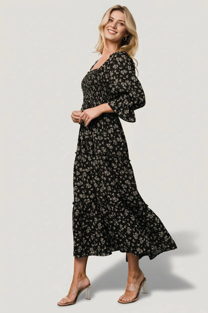 Flowy Tiered Square-Neck Puff Sleeve Smocked-Back Maxi casual Mother Of Bride Dress