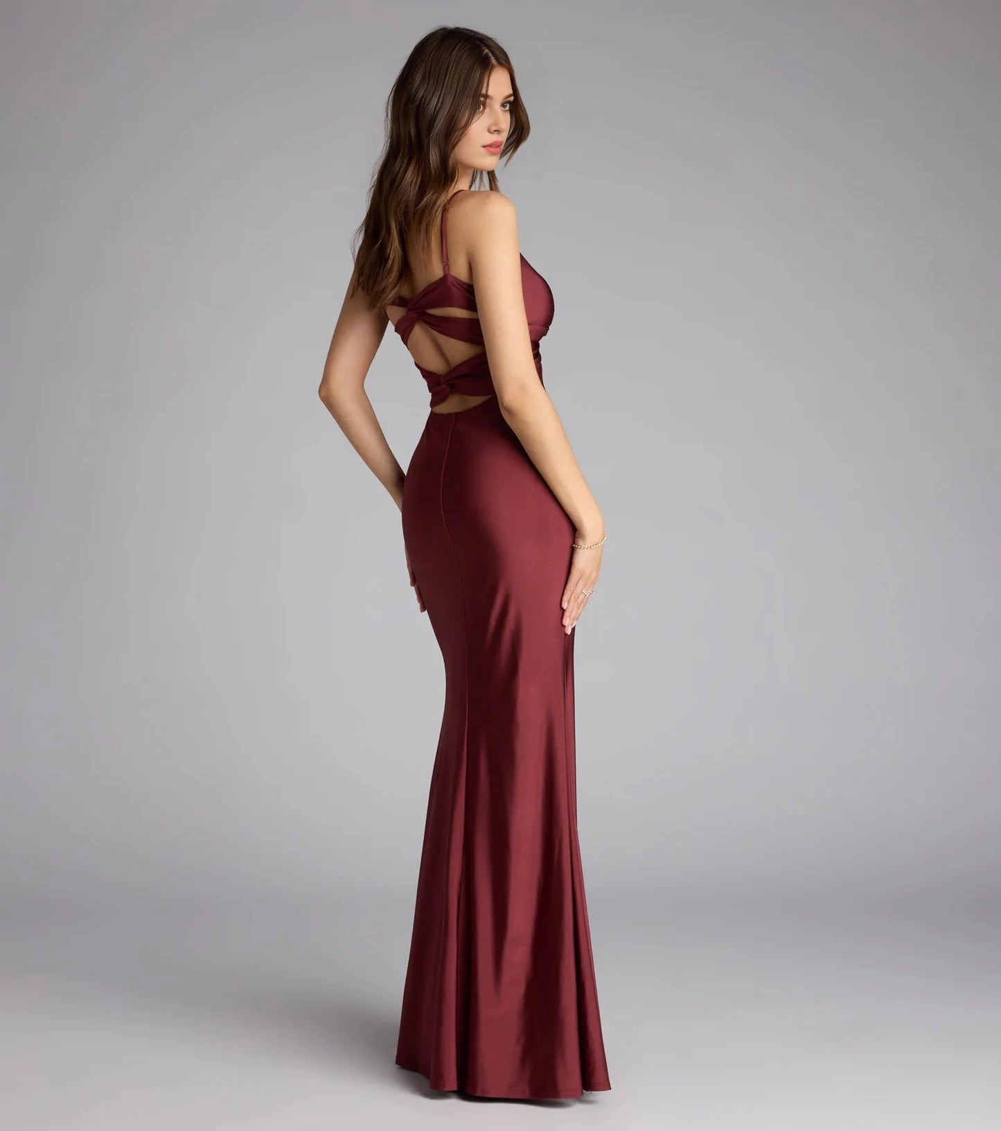 Burgundy Satin Mermaid Twist V-Neck Sleeveless Twist Cutout Back Maxi Prom Dress
