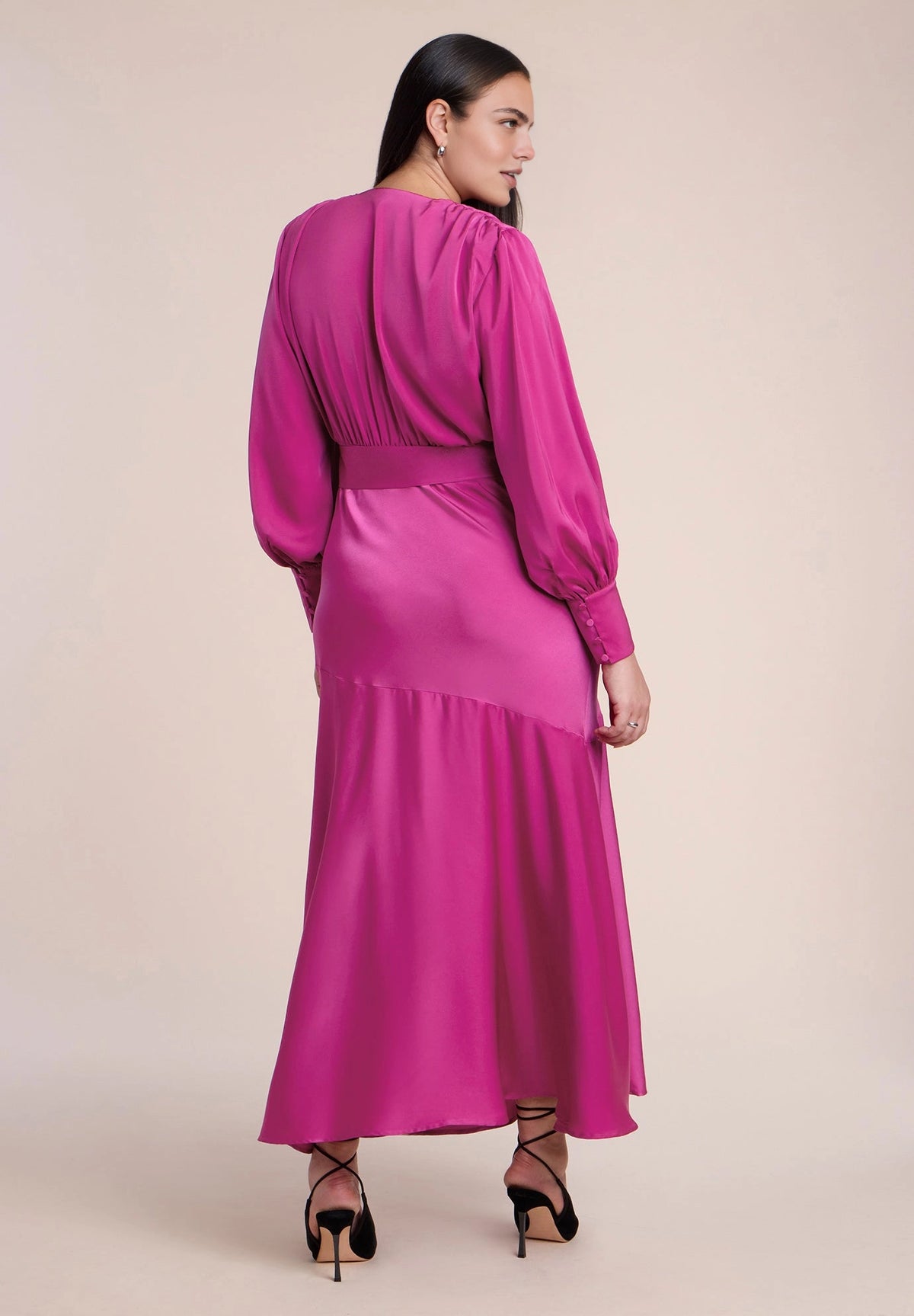 roselledress rose red satin wedding guest dress long sleeve side slit ruffle hem waist tie plus size formal midi dress back view