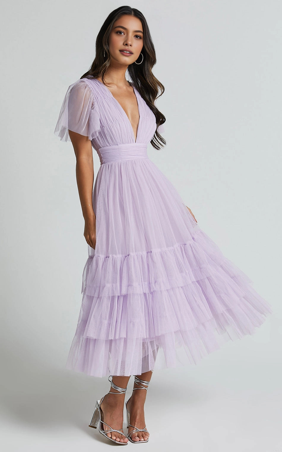 V Neck Flutter Sleeve Tiered Tulle Midi Plus Size Wedding Guest Dress