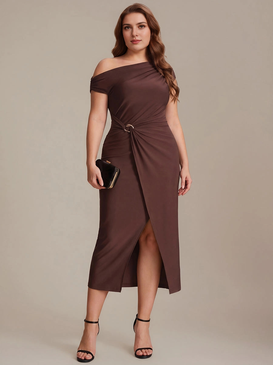 roselledress chocolate off shoulder plus size cocktail dress metal ring twist wrap slit midi gown