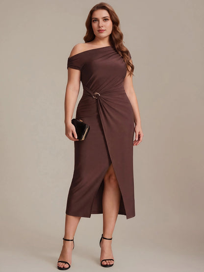 roselledress chocolate off shoulder plus size cocktail dress metal ring twist wrap slit midi gown