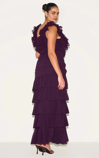 Back view of roselledress dark purple ruffled tiered chiffon plus size formal evening maxi gown