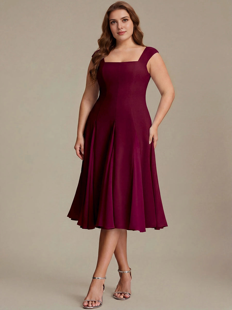 Roselledress Black White Color Block A-Line Square Cap Sleeve Zip Back Midi Plus Size Weeding Guest Dress