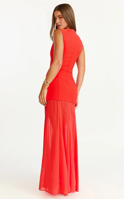 Minimalist Sleeveless U Neck Back Zipper Chiffon Overlay Plus Size Maxi Wedding Guest Dress 