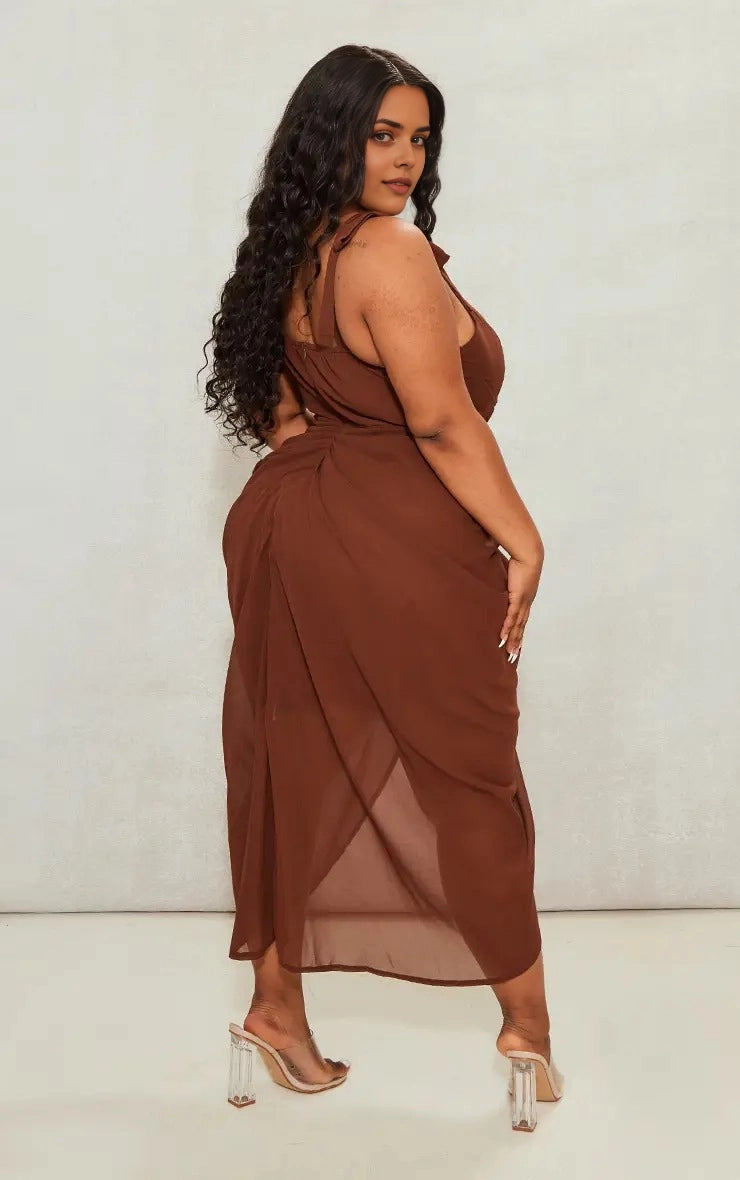 Roselledress plus size brown gathered back tie shoulder strap chiffon midi formal wedding guest dress back view