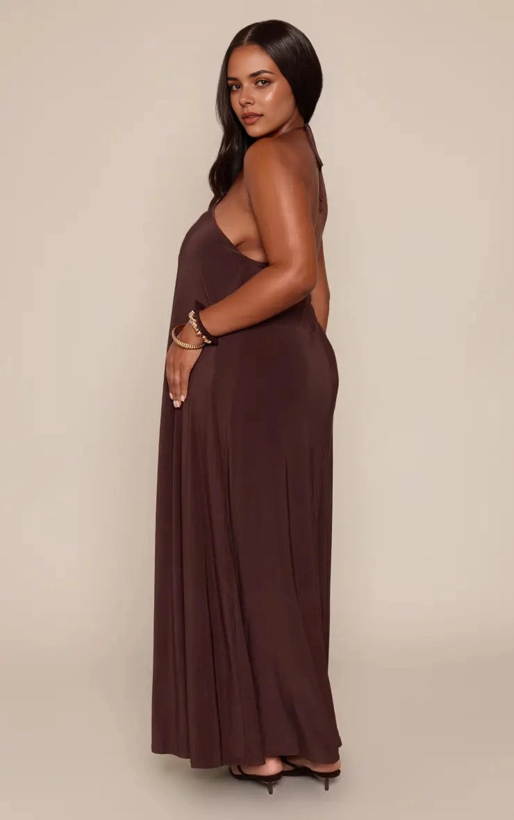 Roselledress dark brown plus size halter open back maxi wedding guest dress back view