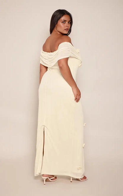 Roselledress plus size cream chiffon off‑shoulder back slit formal wedding guest maxi dress back view