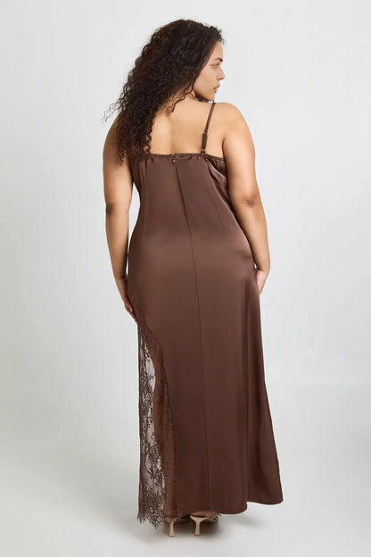 Roselledress brown satin plus size cowl neck wedding guest maxi dress back view zipper lace side slit