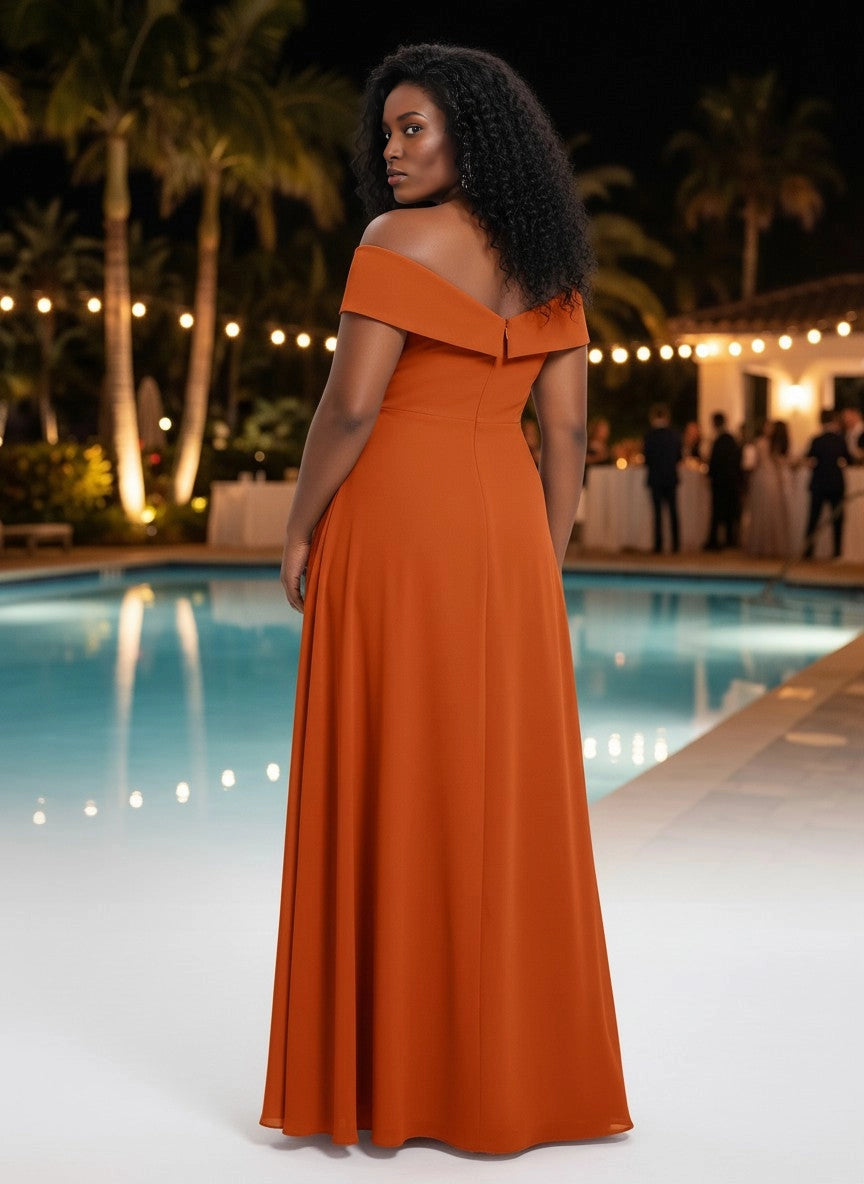 roselledress fold‑over off‑shoulder zip‑back orange chiffon curvy long formal gown rear view