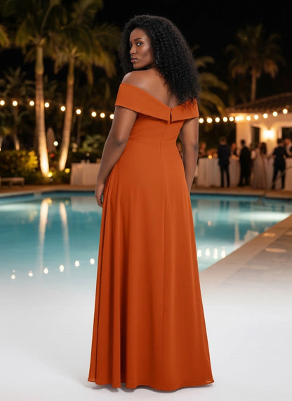 roselledress fold‑over off‑shoulder zip‑back orange chiffon curvy long formal gown rear view